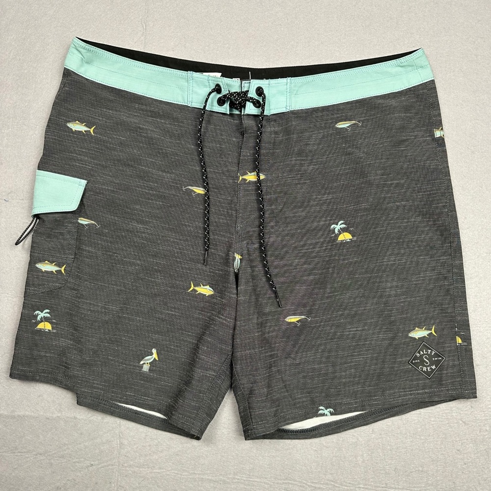Salty Crew Mens Board Shorts Size 36 Grey Mint Fish Print Quick Dry Swim Trunks